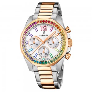 Festina F20608/2 Quartz Chronograph Stainless steel Bracelet Mother of pearl color dial Crystalls
