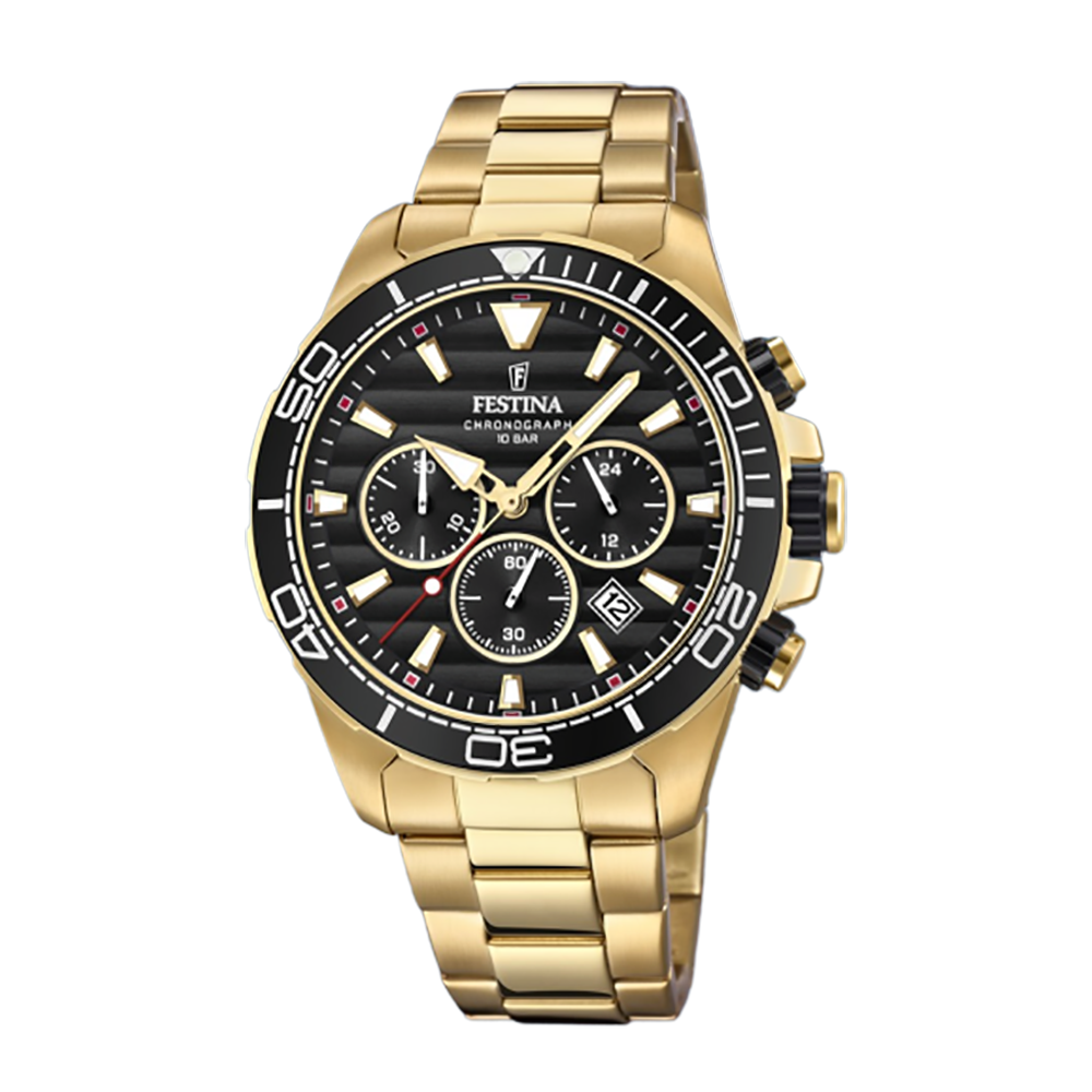 Festina F20364/3 Quartz Χρονογράφος Επιχρυσωμένο ανοξείδωτο ατσάλι Μπρασελέ Μαύρο χρώμα καντράν