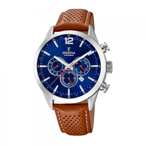 Festina F20542/3 Quartz Chronograph Stainless steel Taba color leather strap Blue color dial