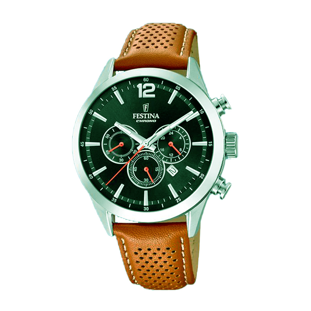 Festina F20542/6 Quartz Χρονογράφος Ανοξείδωτο ατσάλι Ταμπά δερμάτινο λουρί Μαύρο χρώμα καντράν