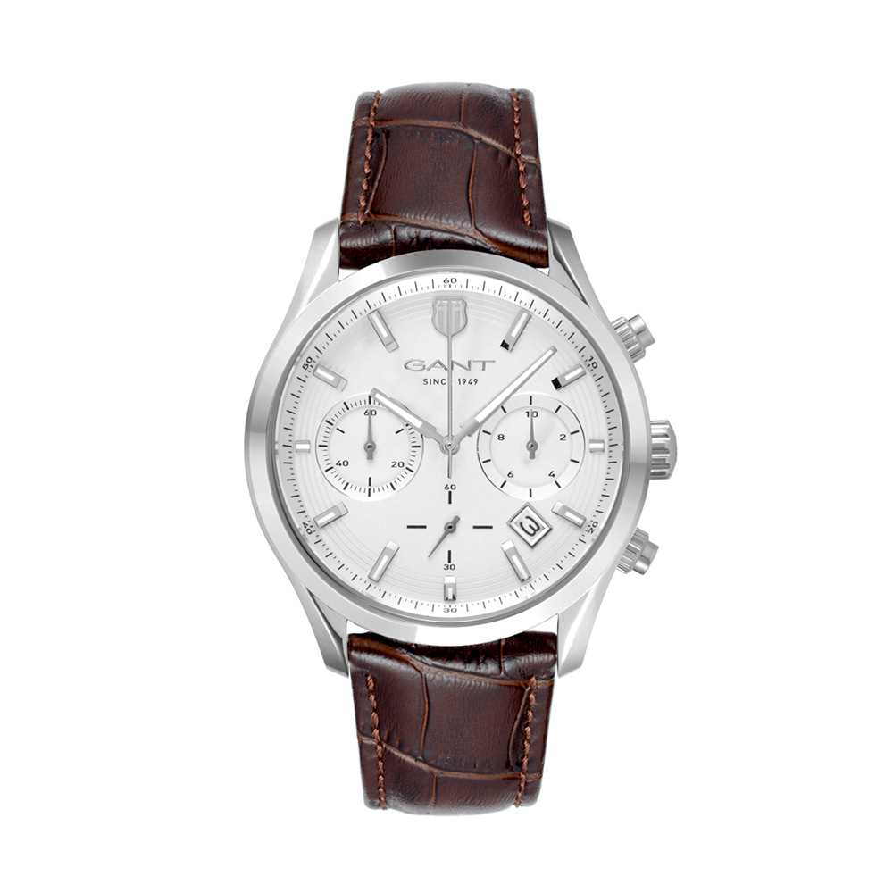 Gant Prestige P206001 Quartz Πολλαπλών ενδείξεων Ανοξείδωτο ατσάλι Καφέ δερμάτινο λουρί Ασημί χρώμα καντράν