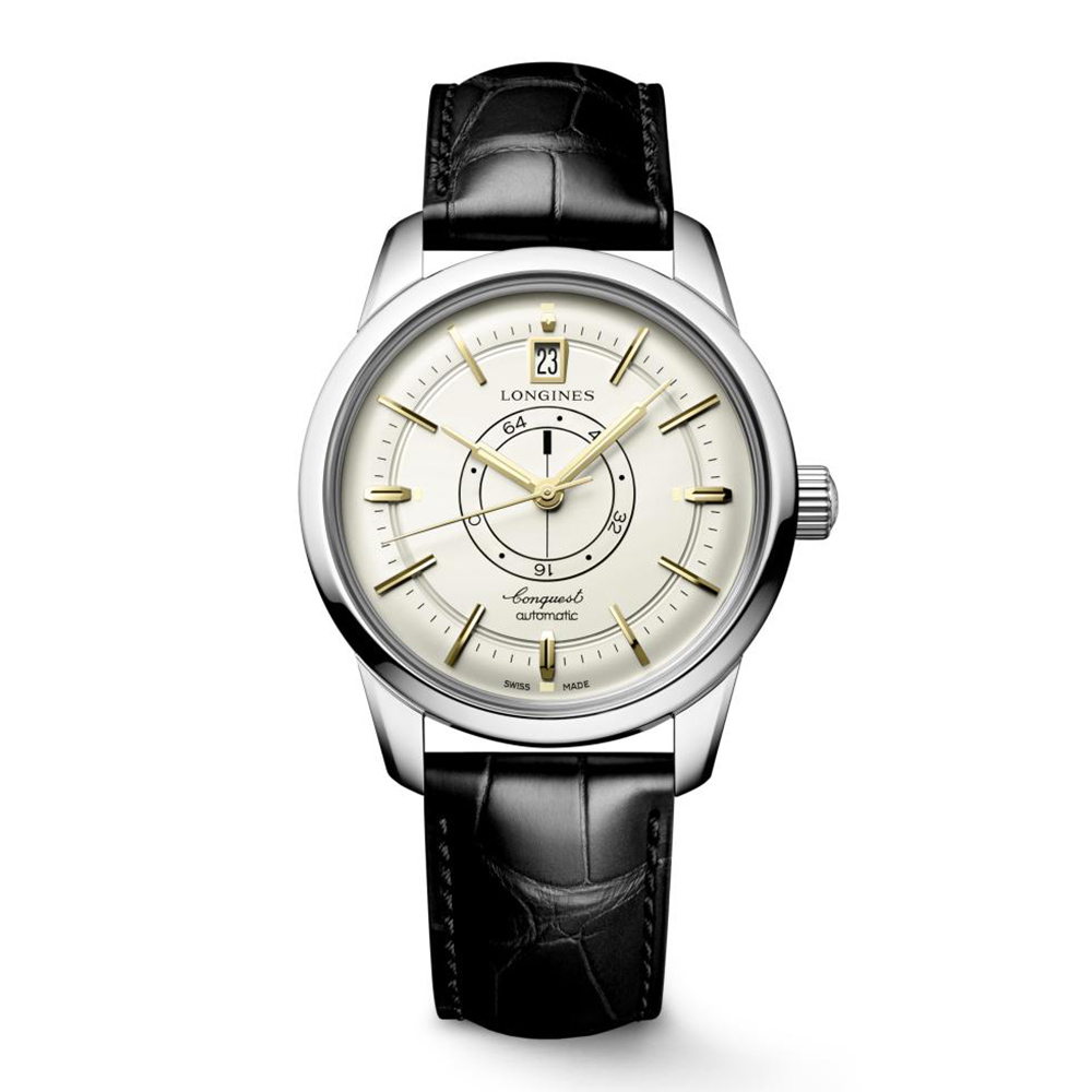 Longines Conquest Heritage L1.648.4.78.2 Αυτόματο Ανοξείδωτο ατσάλι Μαύρο δερμάτινο λουρί Σαμπανιζέ χρώμα καντράν