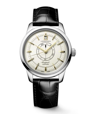 Longines Conquest Heritage L1.648.4.78.2 Αυτόματο Ανοξείδωτο ατσάλι Μαύρο δερμάτινο λουρί Σαμπανιζέ χρώμα καντράν