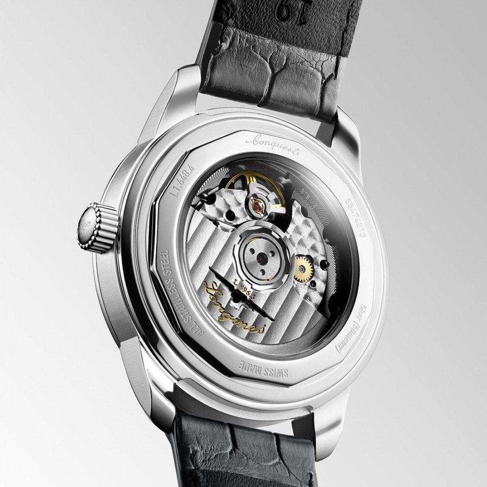 Longines Conquest Heritage L1.648.4.92.2 Αυτόματο Ανοξείδωτο ατσάλι Γκρι δερμάτινο λουρί Γαλάζιο χρώμα καντράν