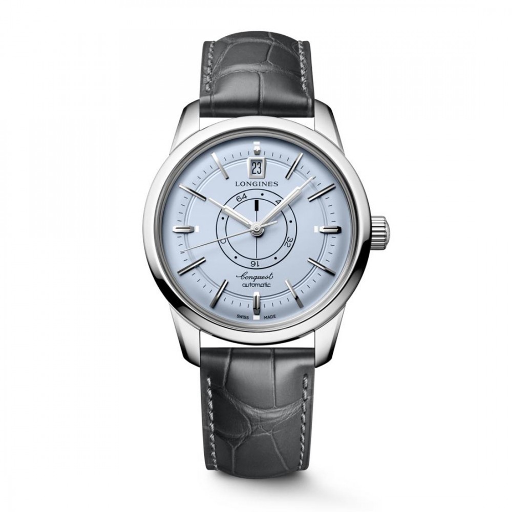 Longines Conquest Heritage L1.648.4.92.2 Αυτόματο Ανοξείδωτο ατσάλι Γκρι δερμάτινο λουρί Γαλάζιο χρώμα καντράν