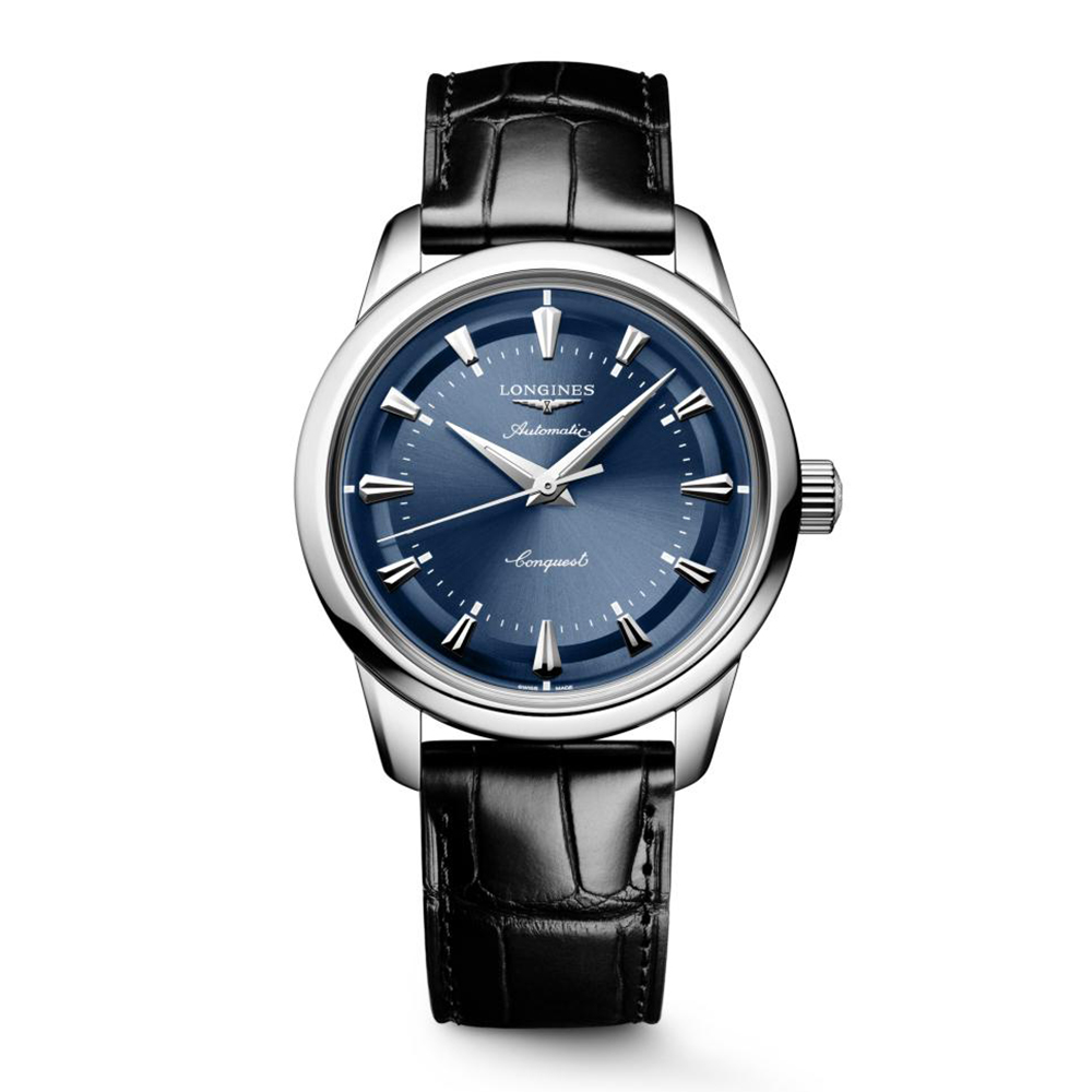 Longines Conquest Heritage L1.649.4.92.2 Αυτόματο Ανοξείδωτο ατσάλι Μαύρο δερμάτινο λουρί Μπλε χρώμα καντράν
