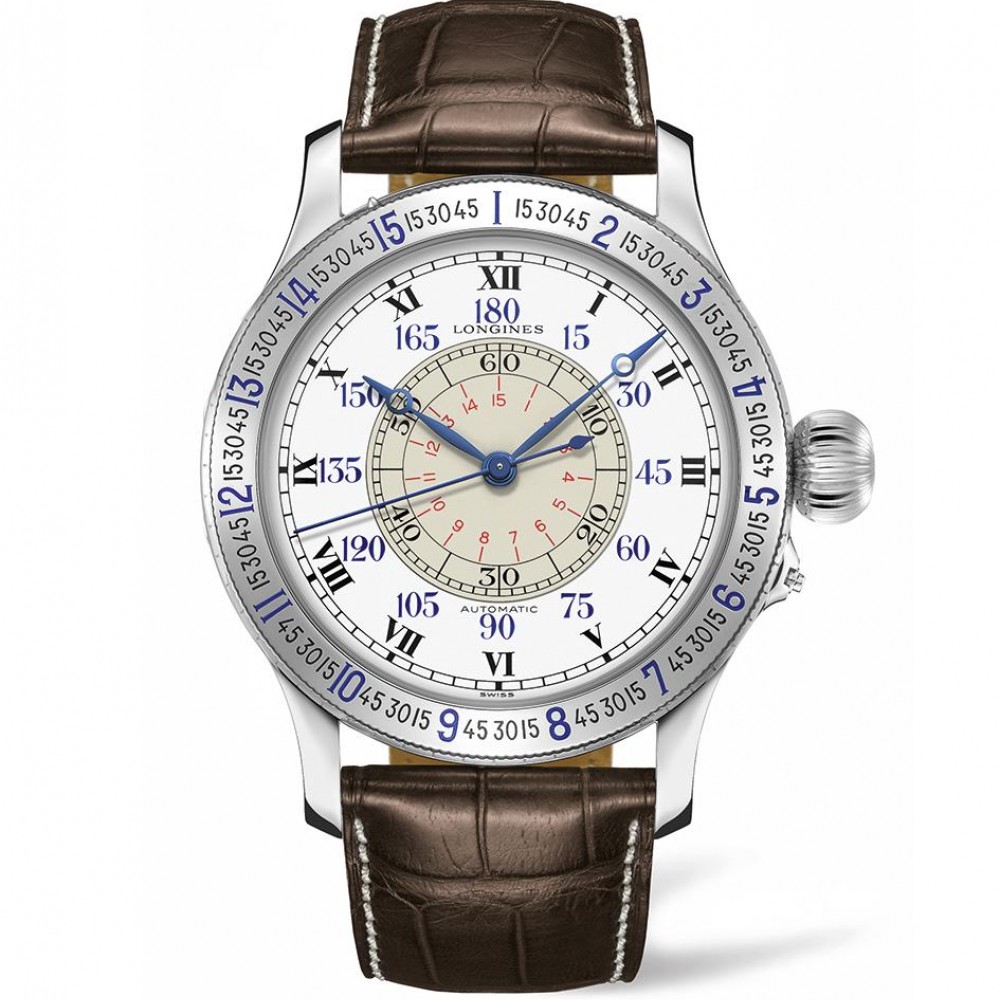 Longines The Lindbergh Hour Angle Watch L2.678.4.11.0 Αυτόματο Ανοξείδωτο ατσάλι Δερμάτινο λουρί καφε χρώματος Λευκό χρώμα καντράν Περιστρεφόμενη στεφάνη