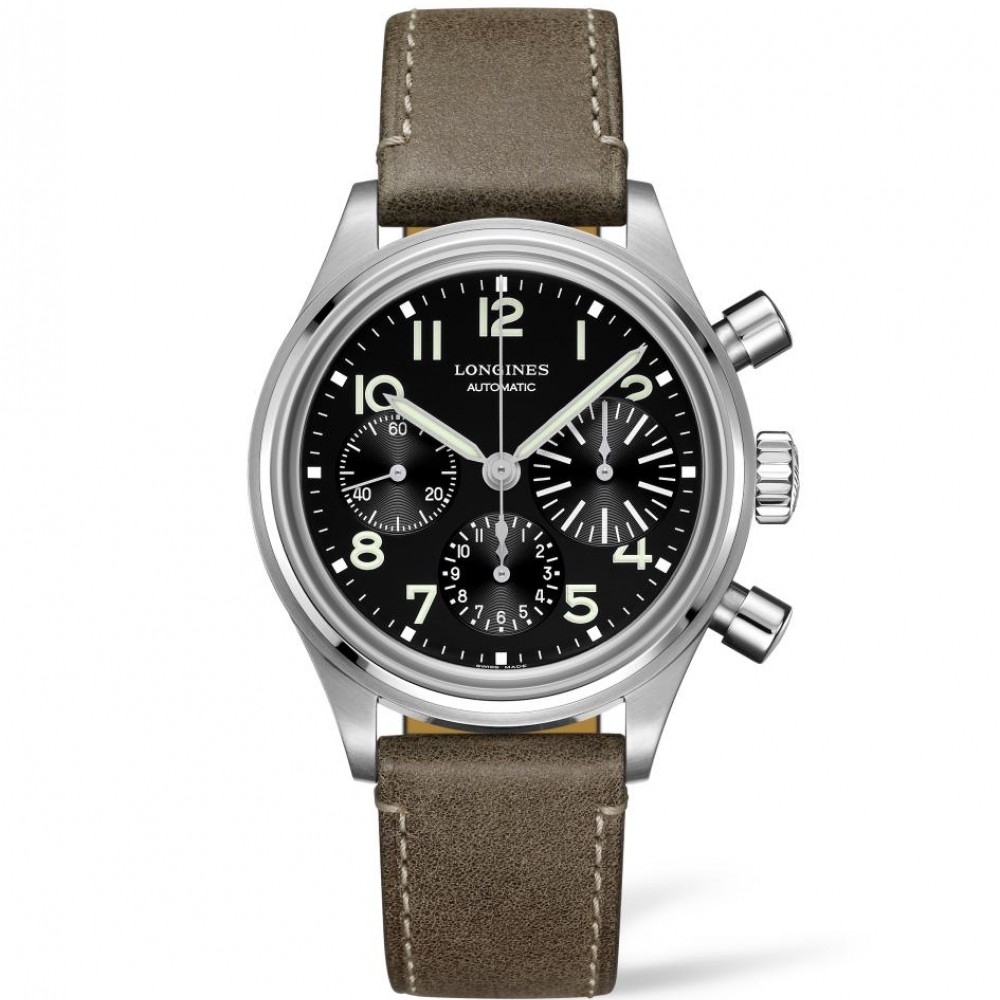 Longines Avigation BigEye L2.816.4.53.2 Αυτόματος χρονογράφος Τιτάνιο Καφέ δερμάτινο λουρί Μαύρο χρώμα καντράν