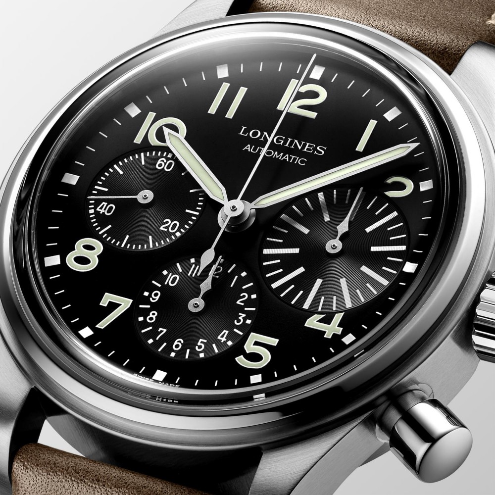 Longines Avigation BigEye L2.816.4.53.2 Αυτόματος χρονογράφος Τιτάνιο Καφέ δερμάτινο λουρί Μαύρο χρώμα καντράν