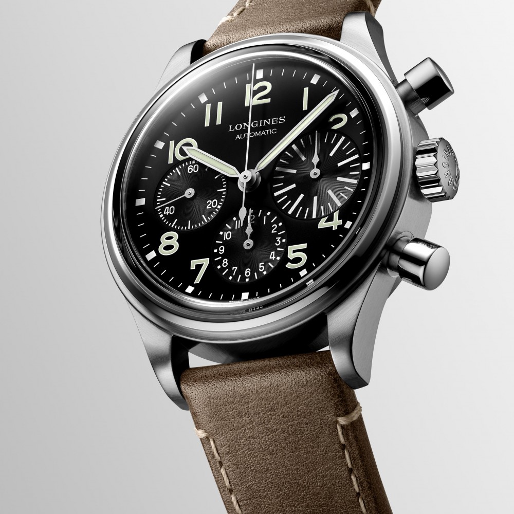 Longines Avigation BigEye L2.816.4.53.2 Αυτόματος χρονογράφος Τιτάνιο Καφέ δερμάτινο λουρί Μαύρο χρώμα καντράν