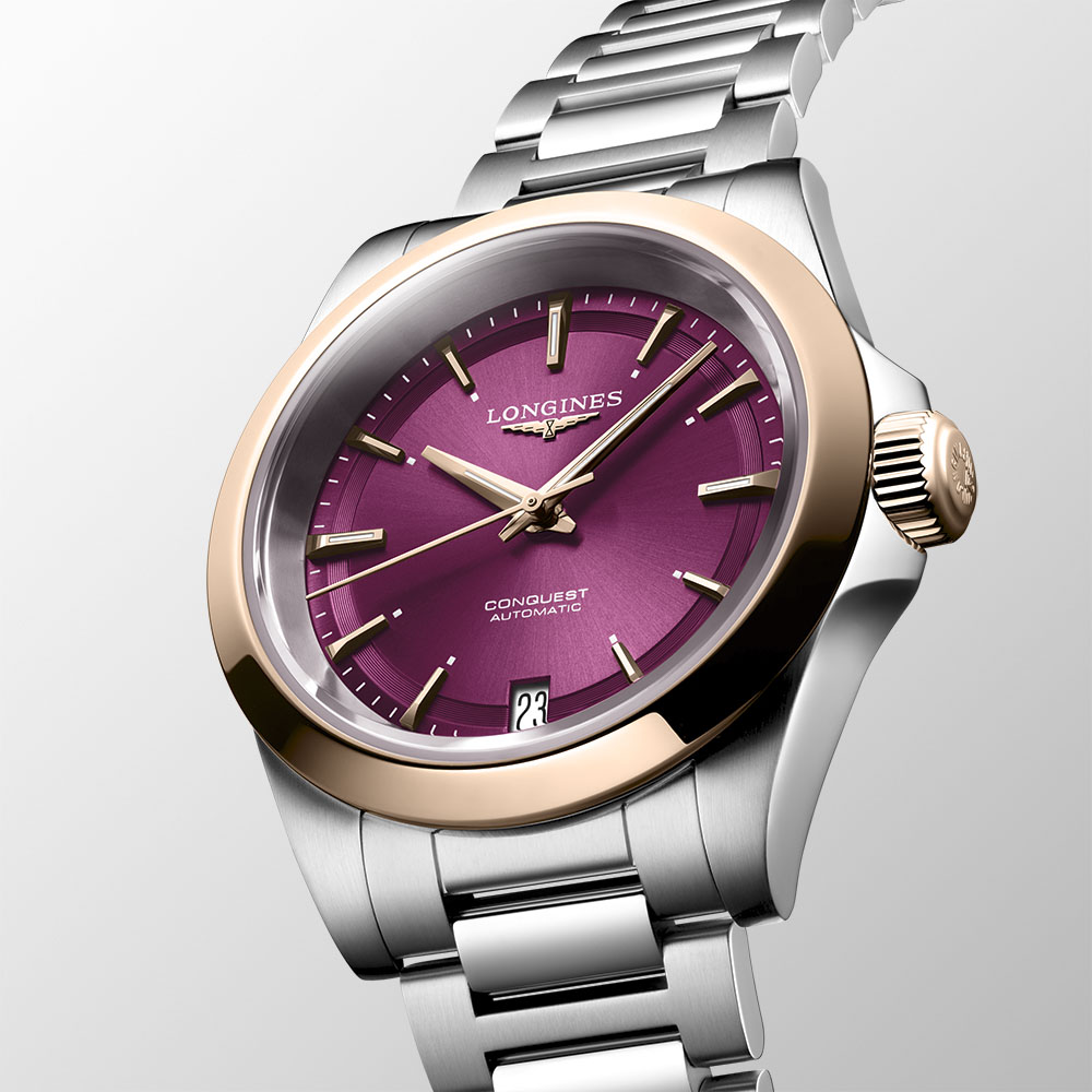 Longines Conquest L3.430.5.98.6 Αυτόματο Ανοξείδωτο ατσάλι Μπρασελέ Μωβ χρώμα καντράν Χρυσή στεφάνη 18 Καρατίων