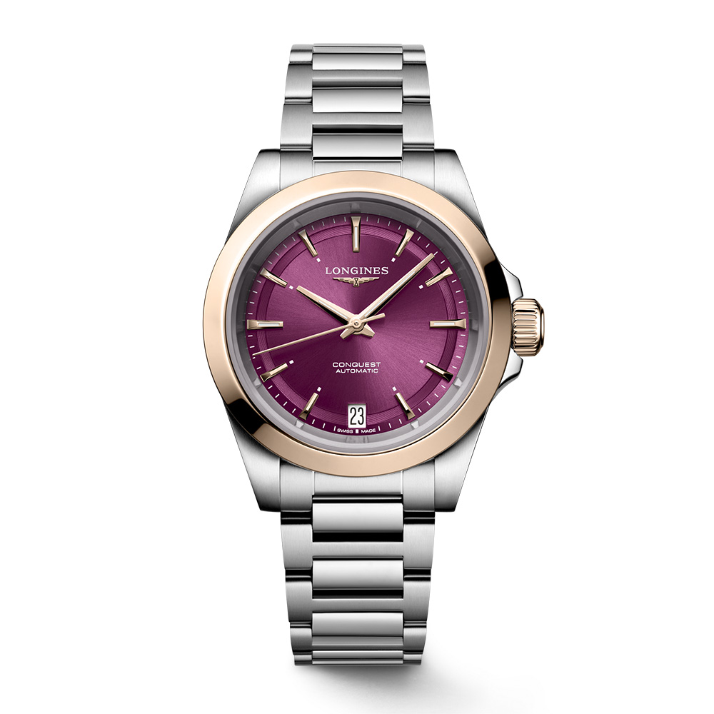 Longines Conquest L3.430.5.98.6 Αυτόματο Ανοξείδωτο ατσάλι Μπρασελέ Μωβ χρώμα καντράν Χρυσή στεφάνη 18 Καρατίων