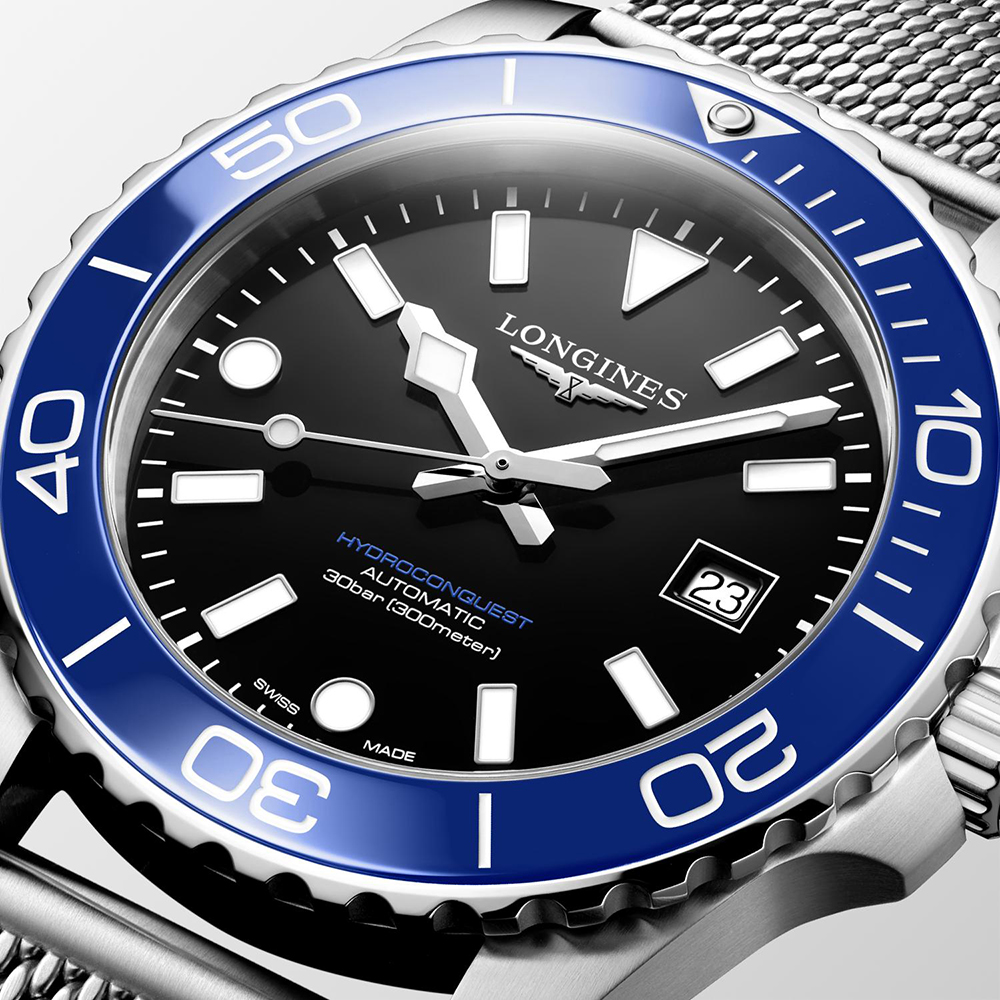 Longines HydroConquest L3.788.4.90.6 Αυτόματο Ανοξείδωτο ατσάλι Milanese Μπρασελέ Μαύρο χρώμα καντράν