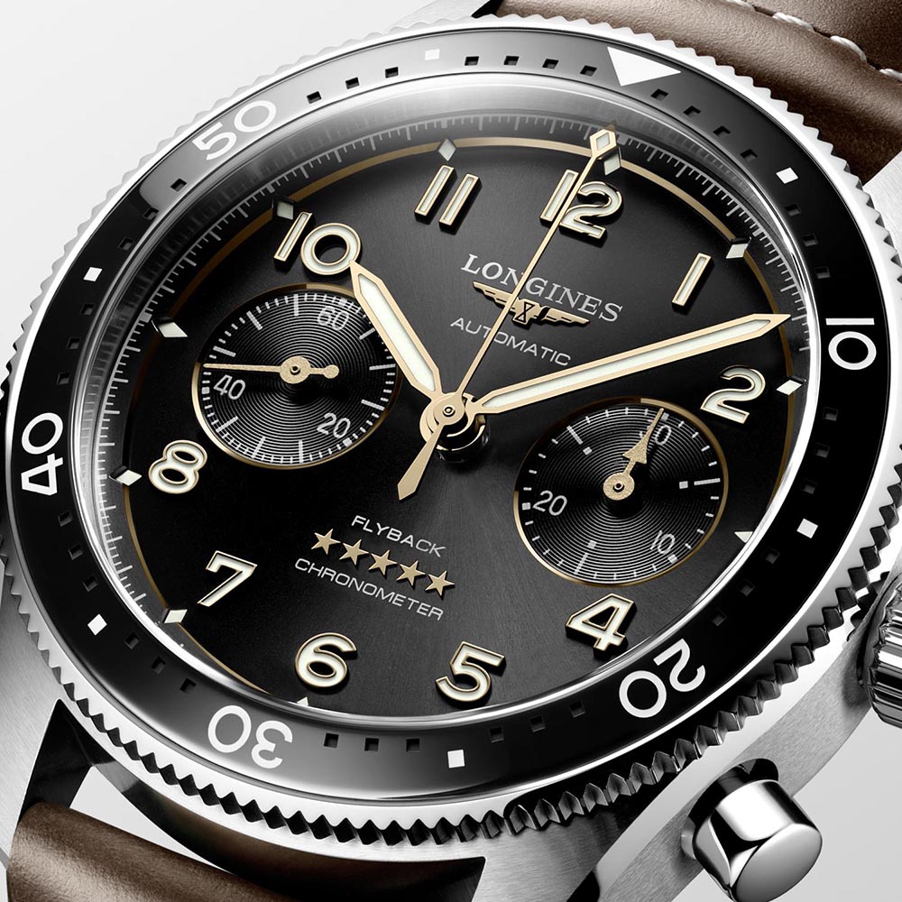 Longines Spirit Flyback L3.821.4.53.2 Αυτόματο Ανοξείδωτο ατσάλι Δερμάτινο λουρί καφε χρώματος Μαύρο χρώμα καντράν Κεραμική στεφάνη