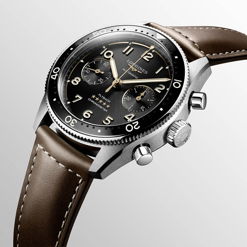 Longines Spirit Flyback L3.821.4.53.2 Αυτόματο Ανοξείδωτο ατσάλι Δερμάτινο λουρί καφε χρώματος Μαύρο χρώμα καντράν Κεραμική στεφάνη