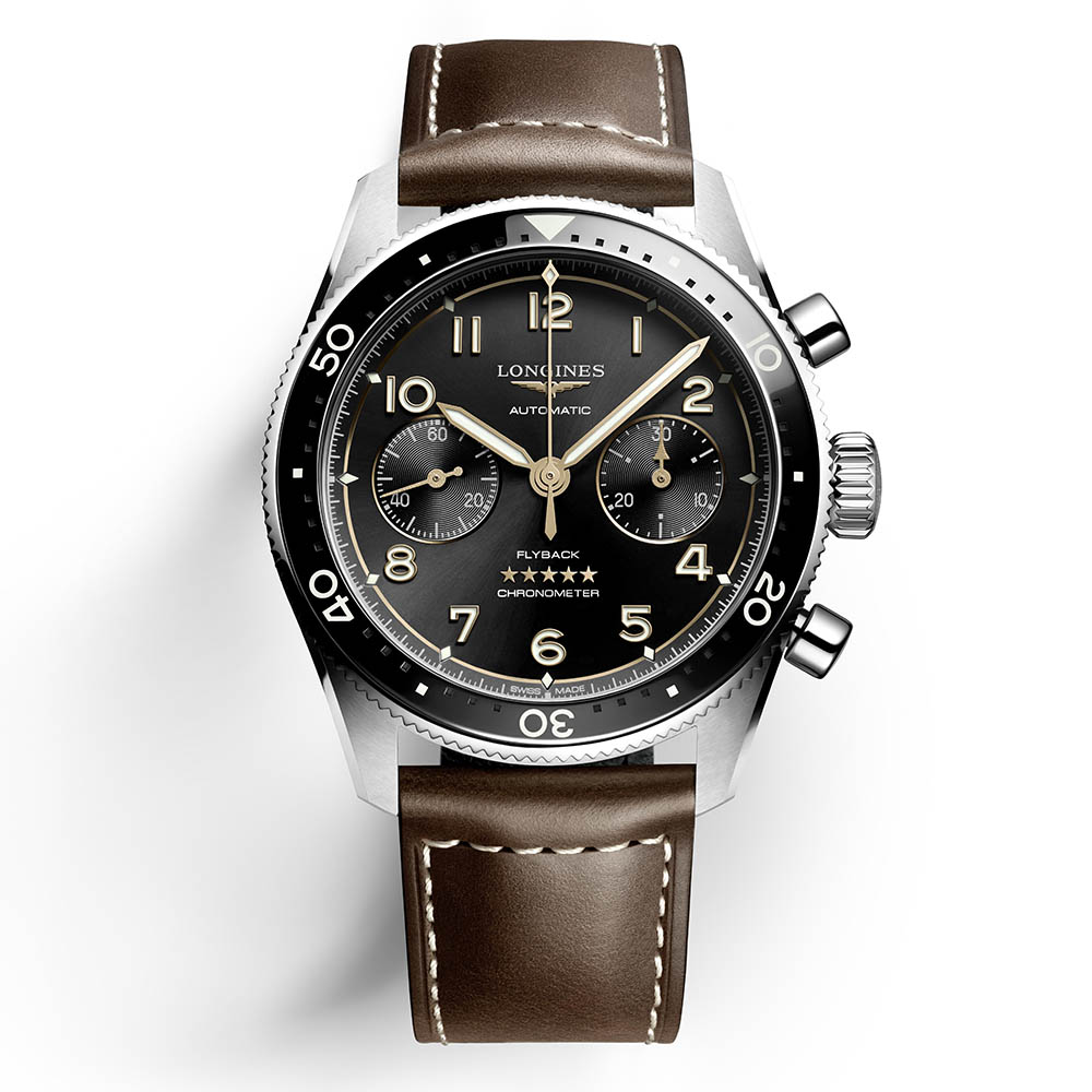 Longines Spirit Flyback L3.821.4.53.2 Αυτόματο Ανοξείδωτο ατσάλι Δερμάτινο λουρί καφε χρώματος Μαύρο χρώμα καντράν Κεραμική στεφάνη