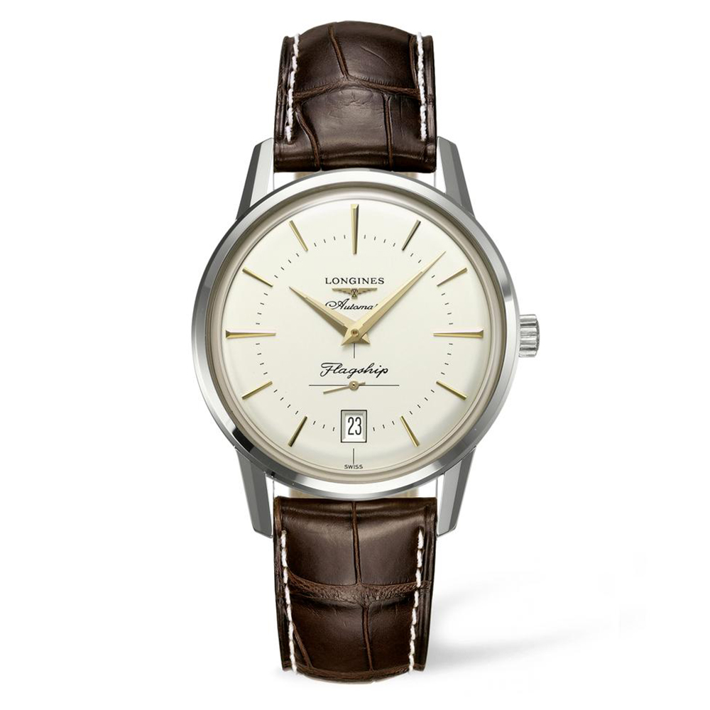 Longines Flagship Heritage L4.795.4.78.2 Αυτόματο Ανοξείδωτο ατσάλι Καφέ δερμάτινο λουρί Ασημί χρώμα καντράν
