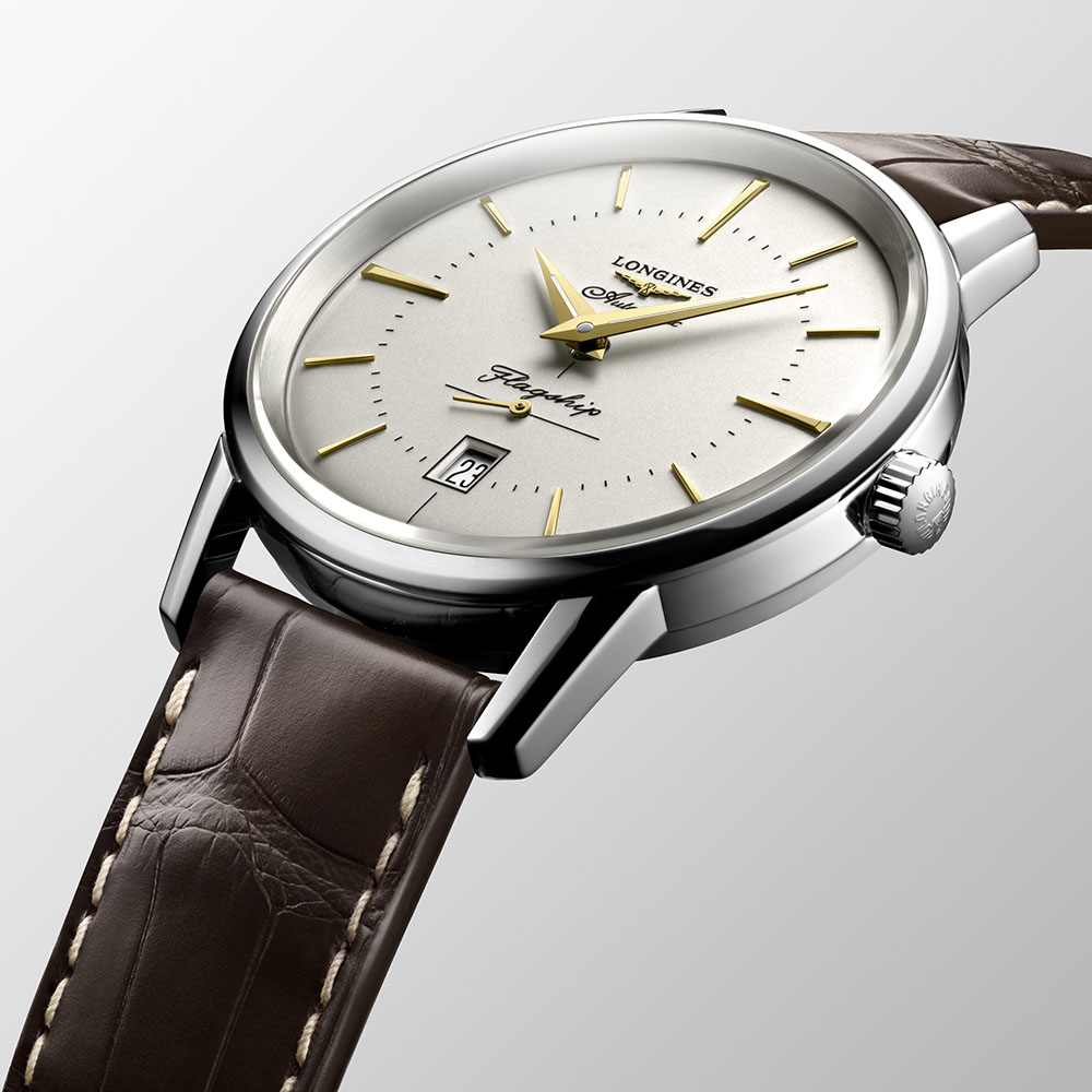 Longines Flagship Heritage L4.795.4.78.2 Αυτόματο Ανοξείδωτο ατσάλι Καφέ δερμάτινο λουρί Ασημί χρώμα καντράν