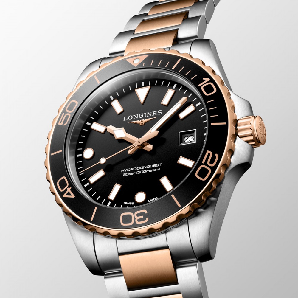 Longines HydroConquest L3.769.3.58.7 Quartz Ανοξείδωτο ατσάλι Διμεταλλικό Μπρασελέ Μαύρο χρώμα καντράν