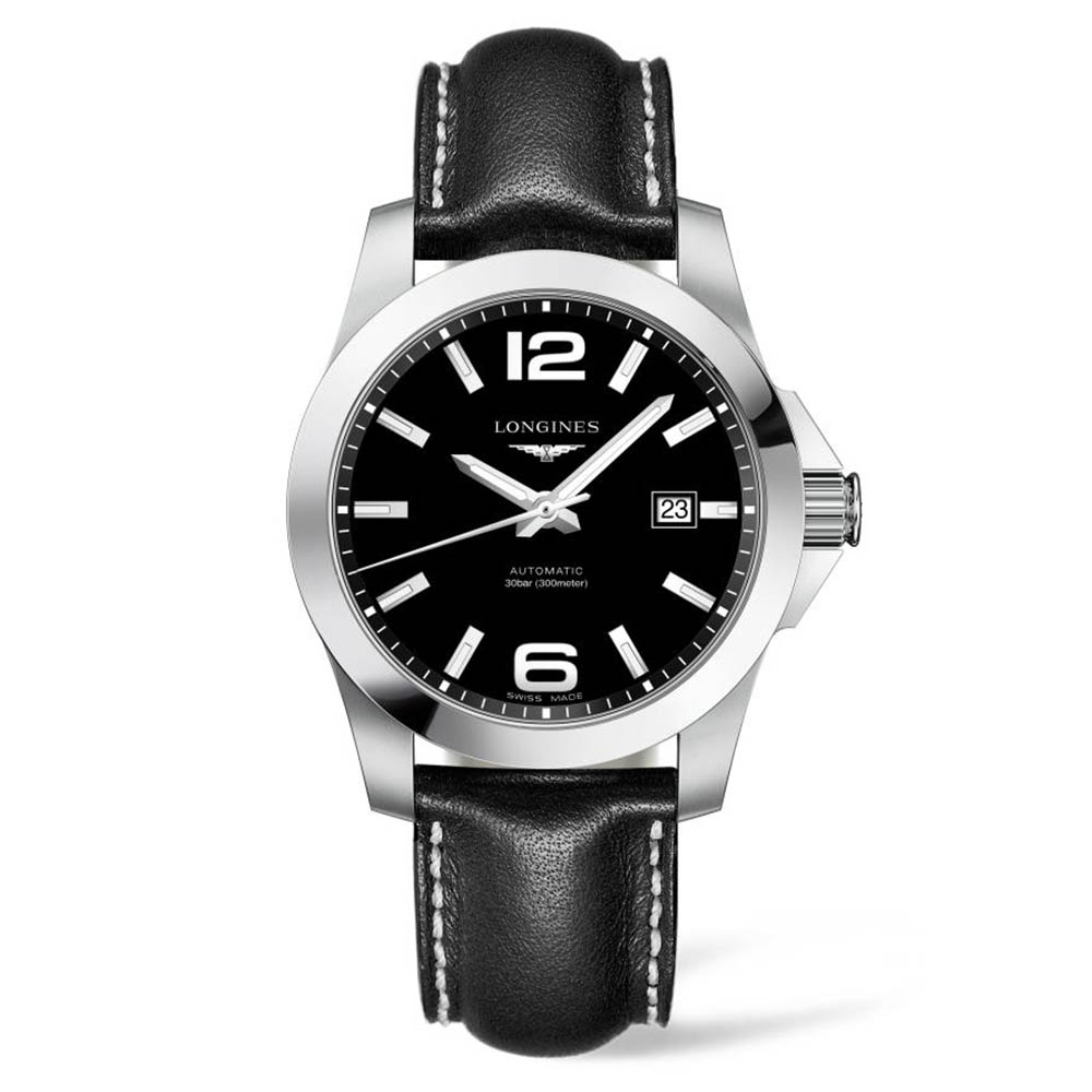 Longines Conquest L3.777.4.58.3 Automatic Stainless steel Black leather strap Black color dial