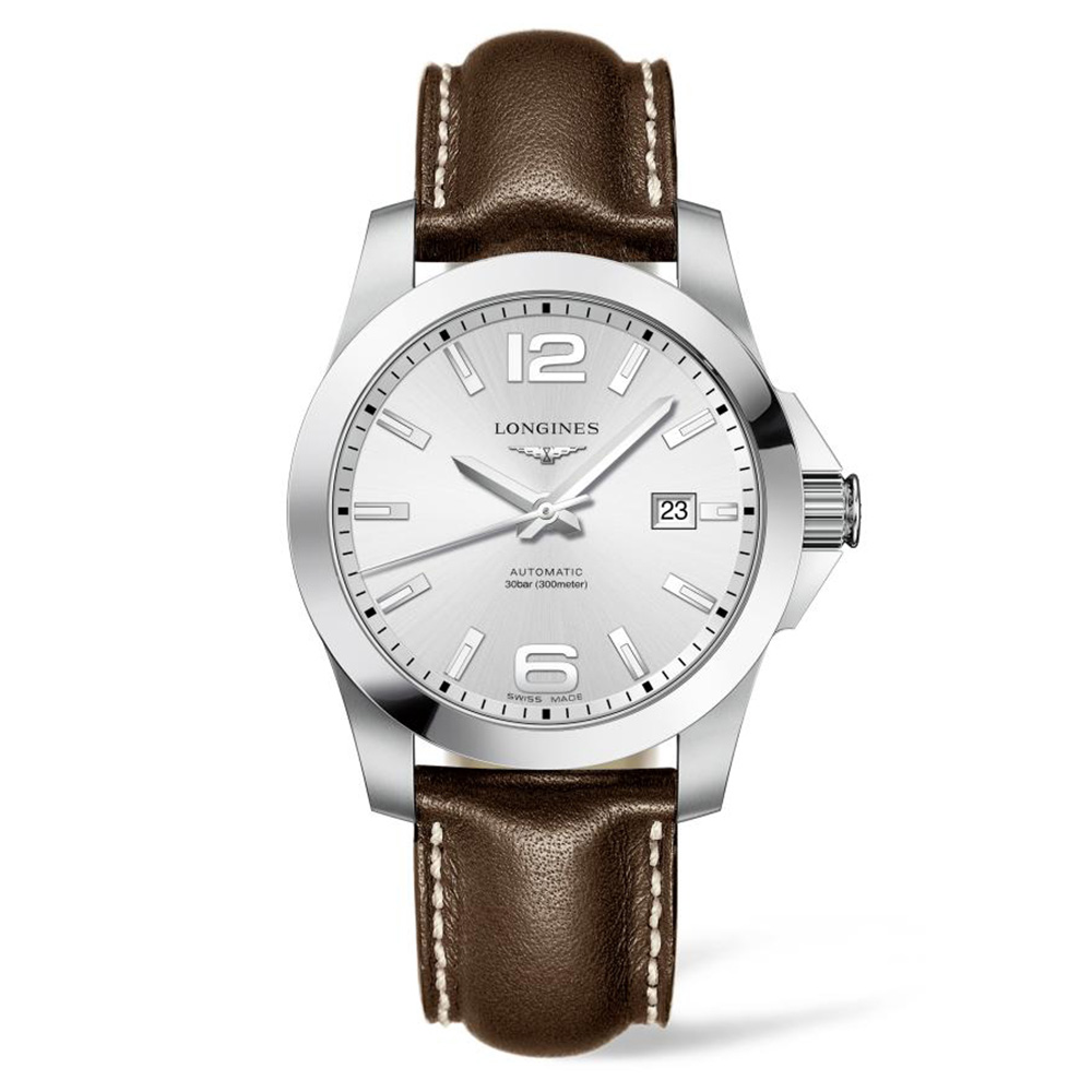 Longines Conquest L3.777.4.76.5 Automatic Stainless steel Brown leather strap Silver color dial