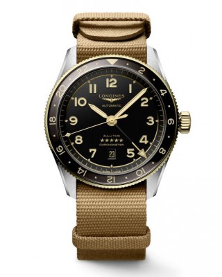Longines Spirit Zulu Time L3.812.5.53.9  Αυτόματο Ανοξείδωτο ατσάλι Συνθετικό λουρί καφε χρώματος Μαύρο χρώμα καντράν Κεραμική στεφάνη