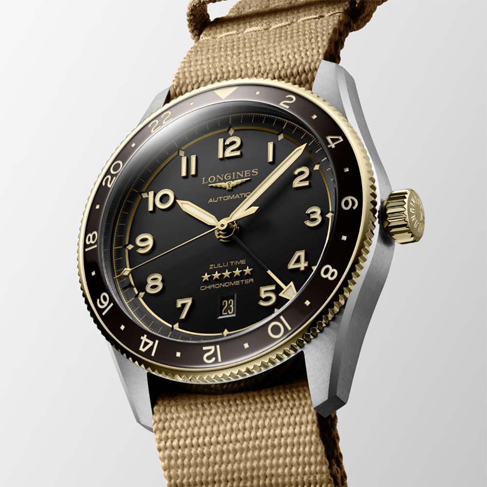 Longines Spirit Zulu Time L3.812.5.53.9  Αυτόματο Ανοξείδωτο ατσάλι Συνθετικό λουρί καφε χρώματος Μαύρο χρώμα καντράν Κεραμική στεφάνη