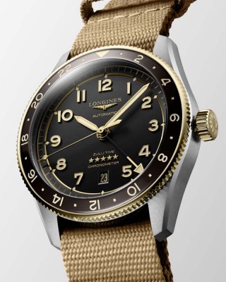 Longines Spirit Zulu Time L3.812.5.53.9  Αυτόματο Ανοξείδωτο ατσάλι Συνθετικό λουρί καφε χρώματος Μαύρο χρώμα καντράν Κεραμική στεφάνη