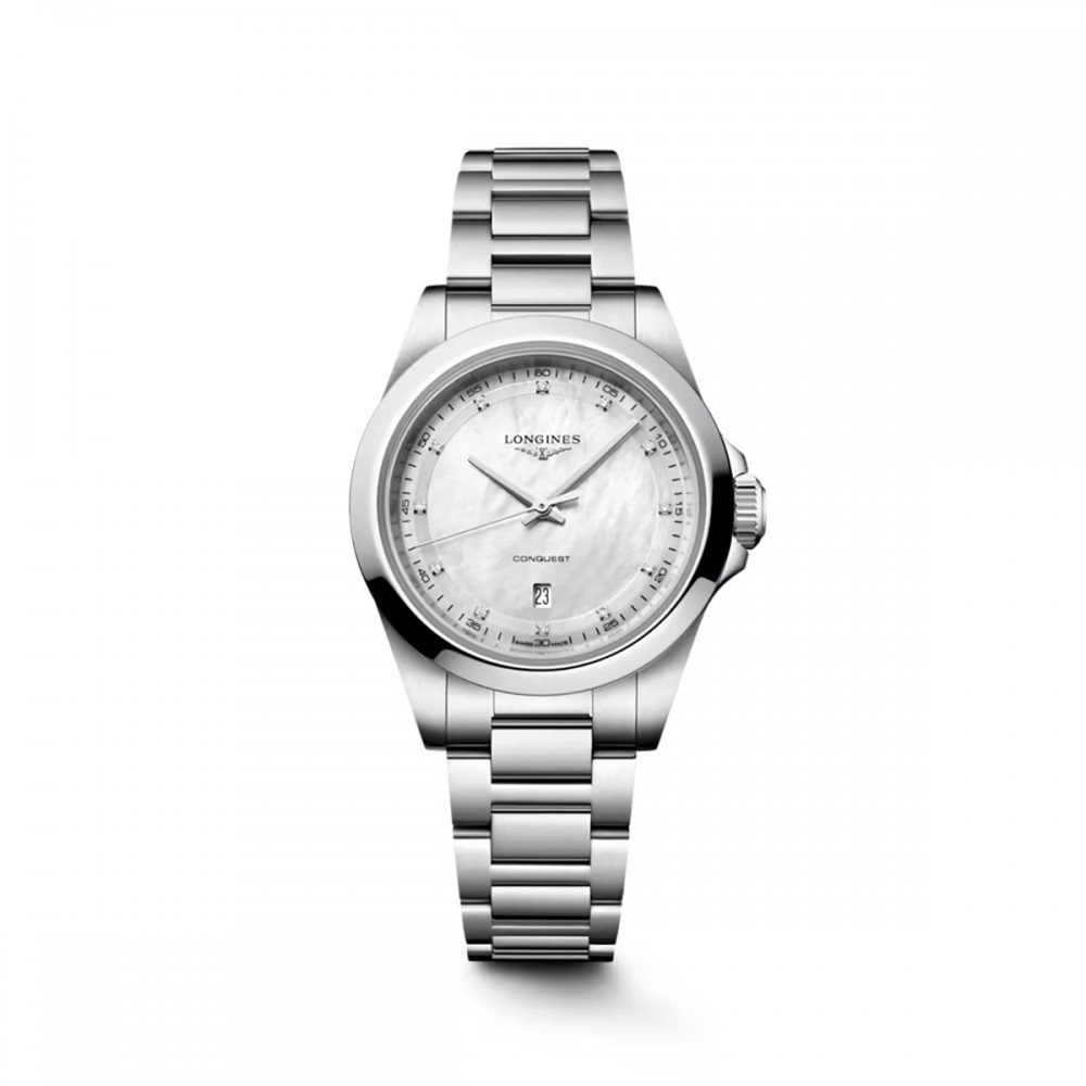 Longines Conquest L3.350.4.87.6 Quartz Ανοξείδωτο ατσάλι Μπρασελέ Λευκό φίλντισι καντράν Διαμάντια