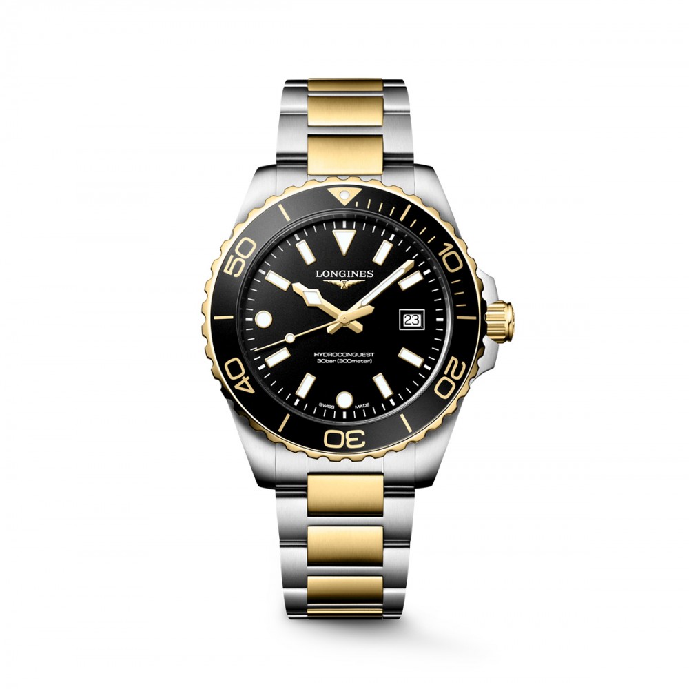 Longines HydroConquest L3.769.3.56.7 Quartz Ανοξείδωτο ατσάλι Διμεταλλικό Μπρασελέ Μαύρο χρώμα καντράν