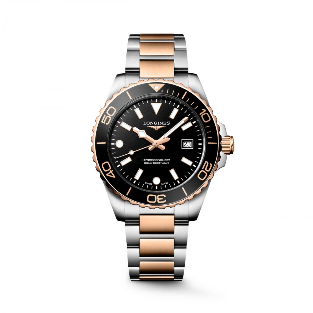 Longines HydroConquest L3.769.3.58.7 Quartz Ανοξείδωτο ατσάλι Διμεταλλικό Μπρασελέ Μαύρο χρώμα καντράν