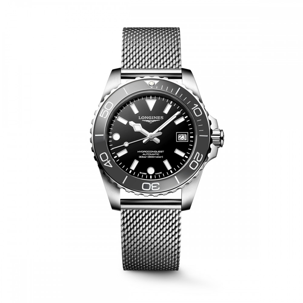 Longines HydroConquest L3.779.4.70.6 Αυτόματο Ανοξείδωτο ατσάλι Milanese Μπρασελέ Μαύρο χρώμα καντράν