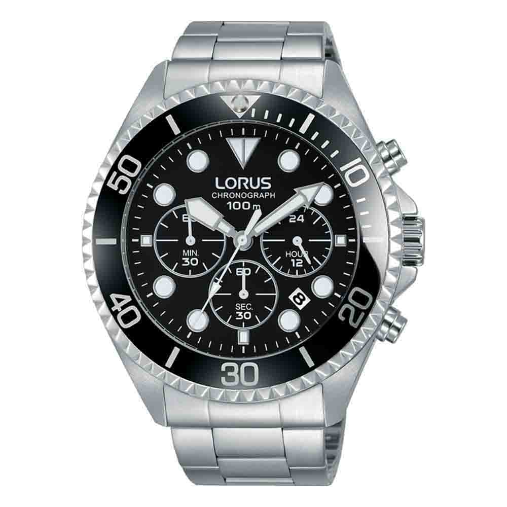 Lorus Sports RT319GX9 Quartz Chronograph Stainless Steel Bracelet Black color dial Ceramic bezel