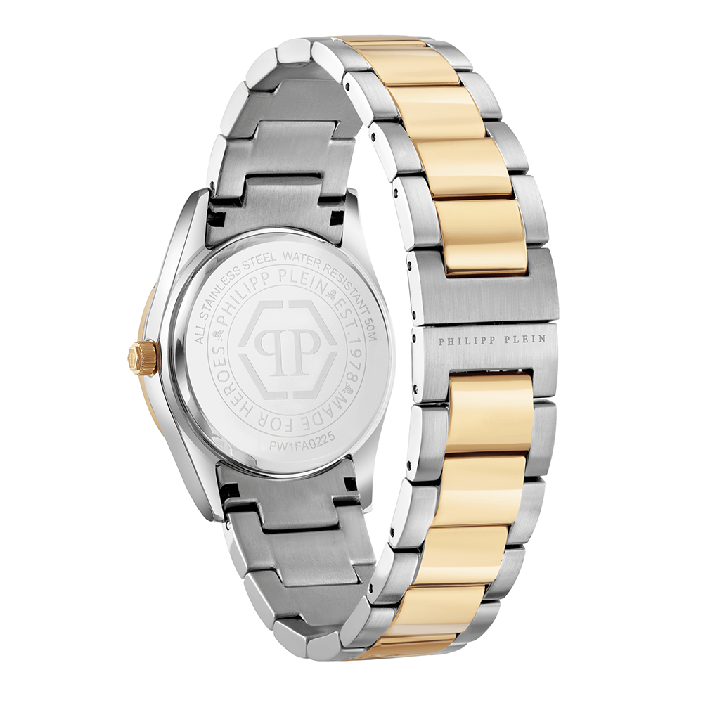 Philipp Plein Icon Chain PW1FA0225 Three Hands Ανοξείδωτο ατσάλι Διμεταλλικό μπρασελέ Επιχρυσωμένη στεφάνη Ασημί χρώμα καντράν Κρύσταλλα