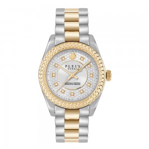 Philipp Plein Queen Supreme PW7FA0326 Three Hands Ανοξείδωτο ατσάλι Διμεταλλικό μπρασελέ Επιχρυσωμένη στεφάνη Ασημί χρώμα καντράν Κρύσταλλα