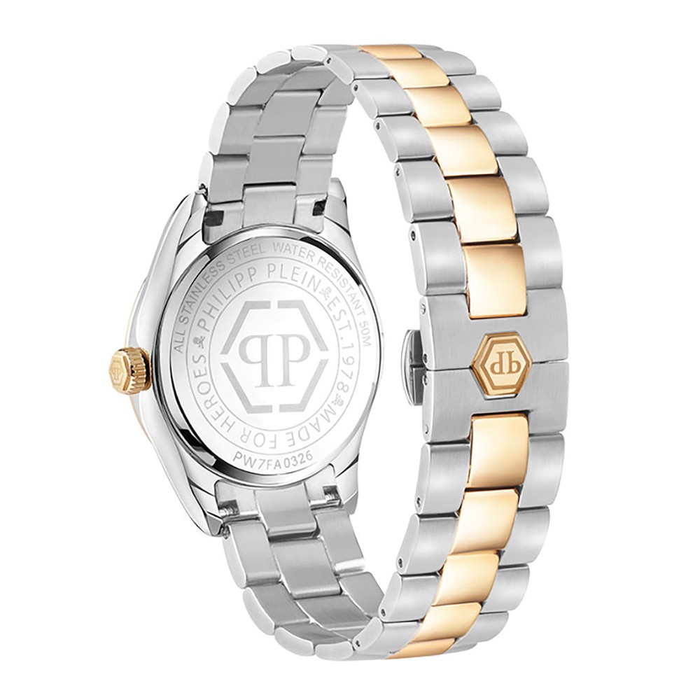 Philipp Plein Queen Supreme PW7FA0326 Three Hands Ανοξείδωτο ατσάλι Διμεταλλικό μπρασελέ Επιχρυσωμένη στεφάνη Ασημί χρώμα καντράν Κρύσταλλα