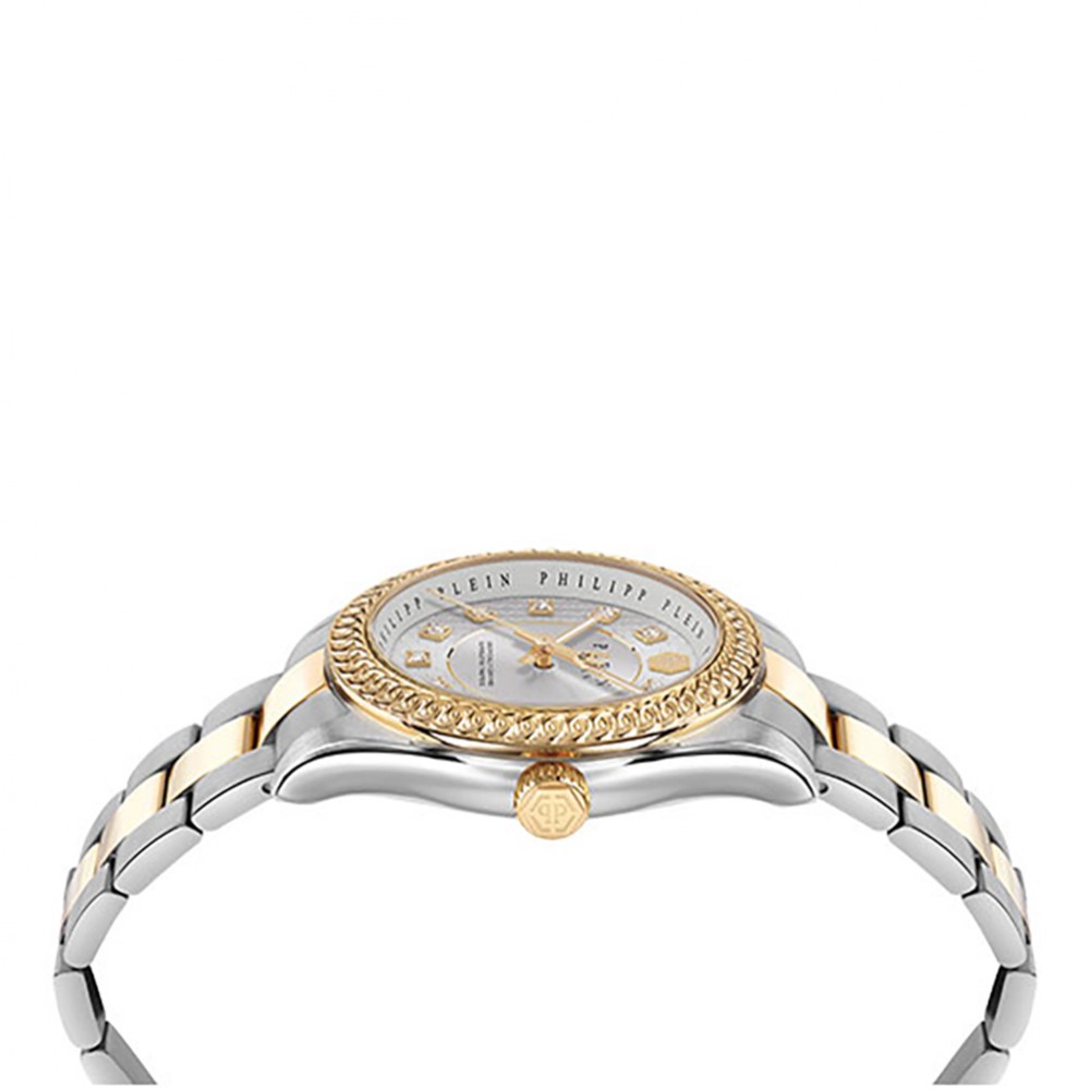 Philipp Plein Queen Supreme PW7FA0326 Three Hands Ανοξείδωτο ατσάλι Διμεταλλικό μπρασελέ Επιχρυσωμένη στεφάνη Ασημί χρώμα καντράν Κρύσταλλα