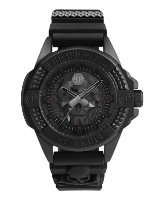Philipp Plein The Skull PWAAA0721 Quartz Ανοξείδωτο ατσάλι Μαύρο καουτσούκ λουρί Μαύρο χρώμα καντράν