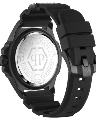 Philipp Plein The Skull PWAAA0721 Quartz Ανοξείδωτο ατσάλι Μαύρο καουτσούκ λουρί Μαύρο χρώμα καντράν