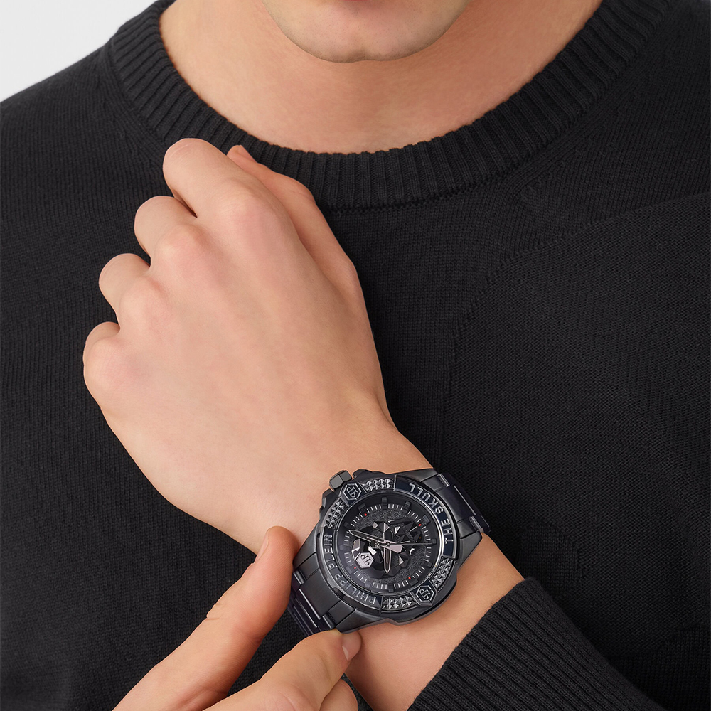 Philipp Plein The Skull PWAAA3025 Three Hands Ιονισμένο Ανοξείδωτο ατσάλι Μπρασελέ Μαύρο χρώμα καντράν