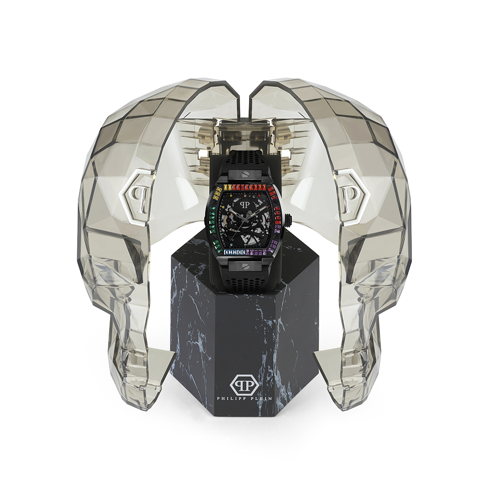 Philipp Plein The Skeleton PWBAA0621 Αυτόματο Ανοξείδωτο ατσάλι Μαύρο καουτσούκ λουρί Μαύρο χρώμα καντράν Κρύσταλλα