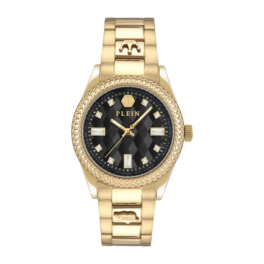 Philipp Plein Queen Three hands Three hands Επιχρυσωμένο ανοξείδωτο ατσάλι Μπρασελέ Μαύρο χρώμα καντράν Κρύσταλλα