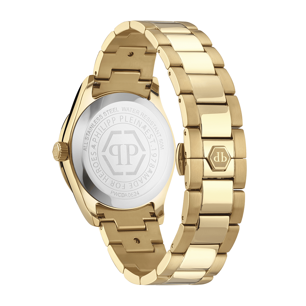 Philipp Plein Queen Three hands Three hands Επιχρυσωμένο ανοξείδωτο ατσάλι Μπρασελέ Μαύρο χρώμα καντράν Κρύσταλλα