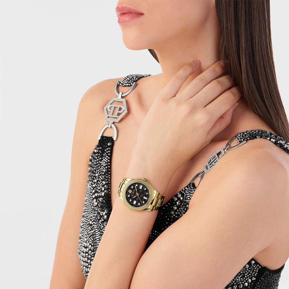 Philipp Plein Queen Three hands Three hands Επιχρυσωμένο ανοξείδωτο ατσάλι Μπρασελέ Μαύρο χρώμα καντράν Κρύσταλλα