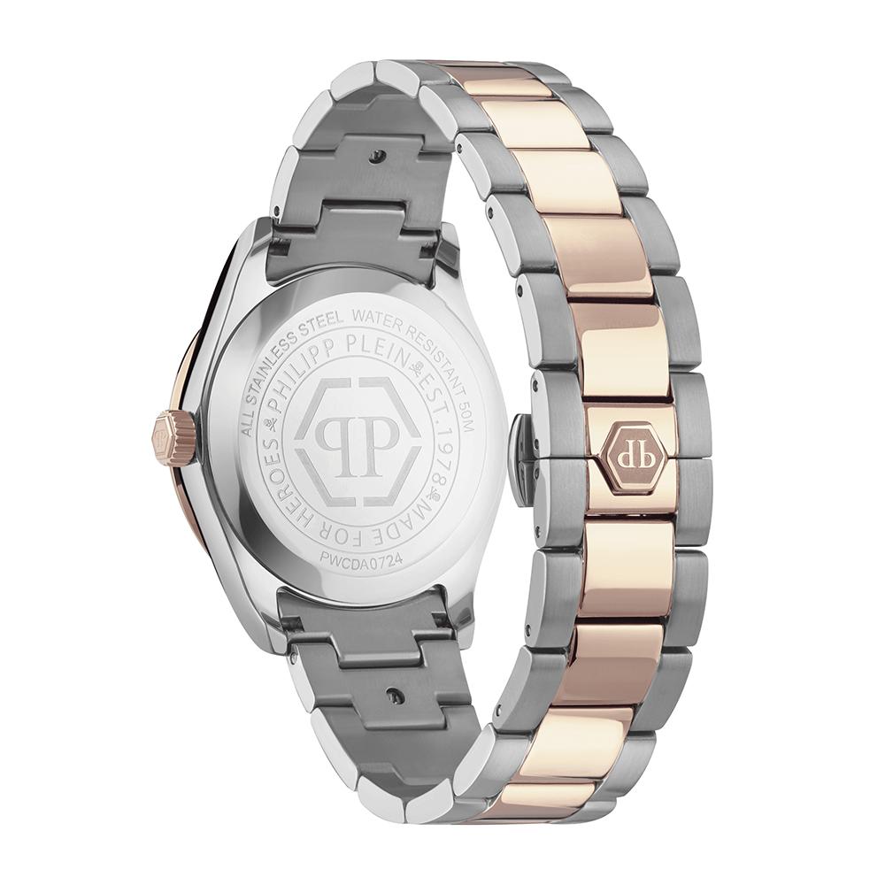 Philipp Plein Queen PWCDA0724 Three Hands Ανοξείδωτο ατσάλι Διμεταλλικό μπρασελέ Επιχρυσωμένη στεφάνη Ασημί χρώμα καντράν Κρύσταλλα