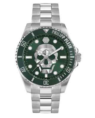 Philipp Plein The Skull Diver PWOAA0622 Three Hands Ανοξείδωτο ατσάλι Μπρασελέ Πράσινο χρώμα καντράν Περιστρεφόμενη στεφάνη