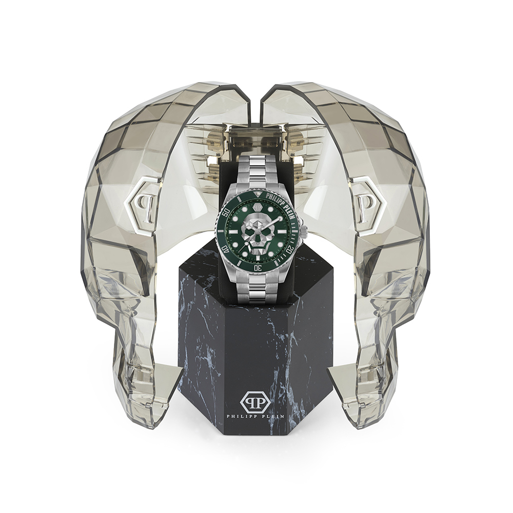 Philipp Plein The Skull Diver PWOAA0622 Three Hands Ανοξείδωτο ατσάλι Μπρασελέ Πράσινο χρώμα καντράν Περιστρεφόμενη στεφάνη