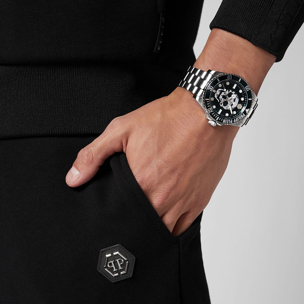 Philipp Plein The Skull Diver PWOAA0622 Three Hands Ανοξείδωτο ατσάλι Μπρασελέ Πράσινο χρώμα καντράν Περιστρεφόμενη στεφάνη