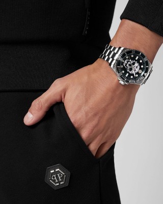 Philipp Plein The Skull Diver PWOAA0622 Three Hands Ανοξείδωτο ατσάλι Μπρασελέ Πράσινο χρώμα καντράν Περιστρεφόμενη στεφάνη