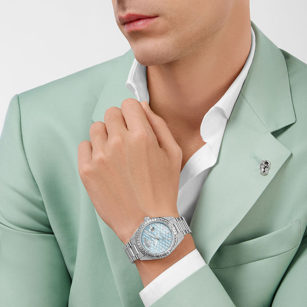 Philipp Plein Date Superlative Gent PWPNA0524 Quartz Ανοξείδωτο ατσάλι Μπρασελέ Γαλάζιο χρώμα καντράν Κρύσταλλα